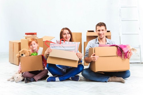 Packed office items prepared for a business move in Kentish Town