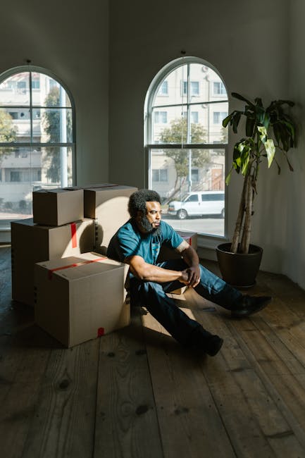 A man with curly hair and medium skin tone is seated on a wooden floor inside a room, surrounded by several cardboard moving boxes that are sealed with red packing tape. The boxes vary in size and are stacked beside him, some leaning against a beige cushioned chair. Behind him are two large, arched windows with white frames, allowing natural daylight to illuminate the space and offering a view of parked cars and a building across the street. To the right of the man, there is a tall potted plant with broad, dark green leaves. The room appears to be in the process of a home relocation, with the boxes ready for transport. The setting reflects a moving or packing situation typical of house removals, emphasizing the logistical aspect of furniture transport and packing during a house move, as part of professional services such as those offered by removal companies in Kentish Town.